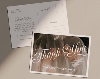 Modello di biglietti di ringraziamento per matrimonio con foto: design elegante per cartolina (modello Canva modificabile) (WT15)