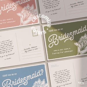 May include: A collection of bridesmaid proposal postcards in various colors, including pink, green, and blue. Each card features the word "Bridesmaid" in a decorative font, along with floral illustrations and personalized text.