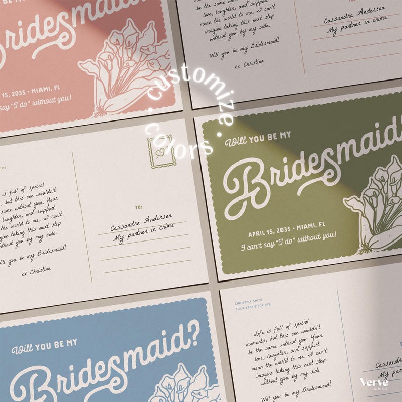 May include: A collection of bridesmaid proposal postcards in various colors, including pink, green, and blue. Each card features the word "Bridesmaid" in a decorative font, along with floral illustrations and personalized text.