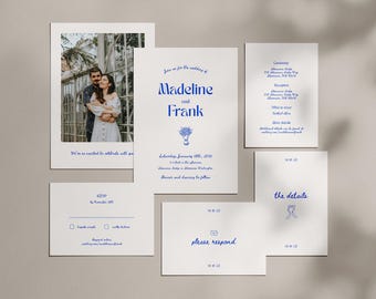 Skurriles Hochzeitseinladungs-Set: Einladung mit Foto, Detailkarte, Antwortkarte (Canva Templates) (WT14)