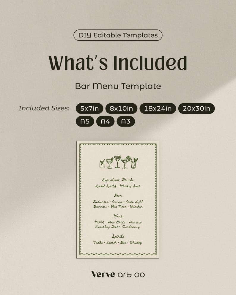Illustrated Wedding Bar Menu Sign, Whimsical Drink Menu (Editable Canva Template) (WT16) image 5