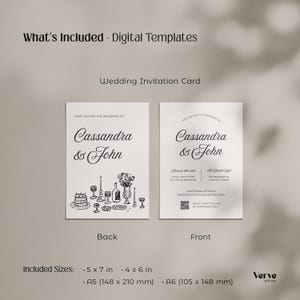 May include: Digital wedding invitation card template with front and back designs. The front features event details, while the back showcases a decorative illustration. Included sizes are 5x7 in, 4x6 in, A5 (148 x 210 mm), and A6 (105 x 148 mm).