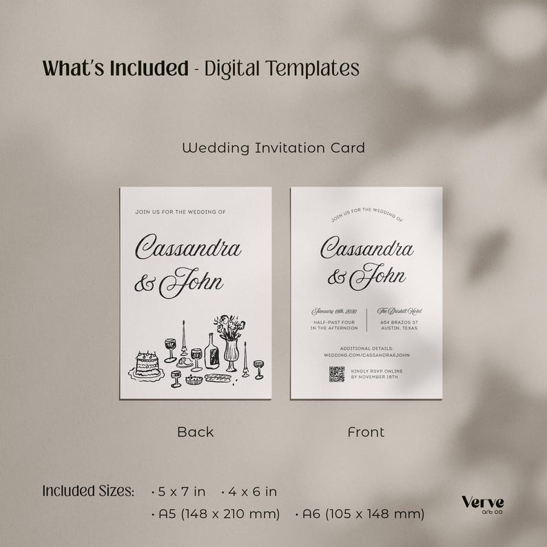 May include: Digital wedding invitation card template with front and back designs. The front features event details, while the back showcases a decorative illustration. Included sizes are 5x7 in, 4x6 in, A5 (148 x 210 mm), and A6 (105 x 148 mm).