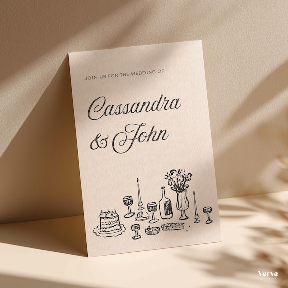 Rustic Wedding Invitation Template: Hand Drawn Invite with QR Code (Editable Canva Template) (WT37)