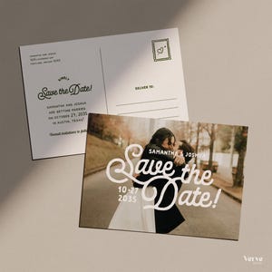 May include: Two-sided wedding announcement postcard. The front features a photo of a couple embracing with the words "Save the Date!" in white script. The back has the names, date, and location of the wedding, along with a postage stamp graphic.
