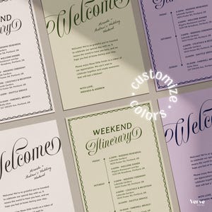 May include: Wedding weekend itinerary and welcome cards. The cards feature elegant calligraphy in shades of green and dark blue on a cream background. The itinerary includes the wedding ceremony, reception, and farewell brunch details.