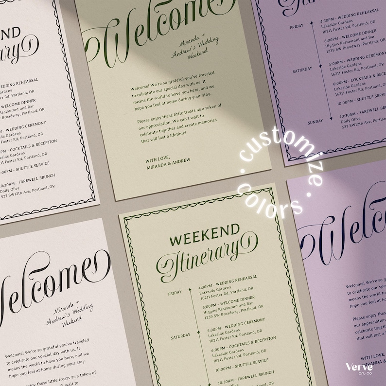 May include: Wedding weekend itinerary and welcome cards. The cards feature elegant calligraphy in shades of green and dark blue on a cream background. The itinerary includes the wedding ceremony, reception, and farewell brunch details.