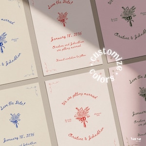 Editable Canva wedding save the date template featuring vintage floral bouquet design and elegant script font, printable digital save the date for weddings.