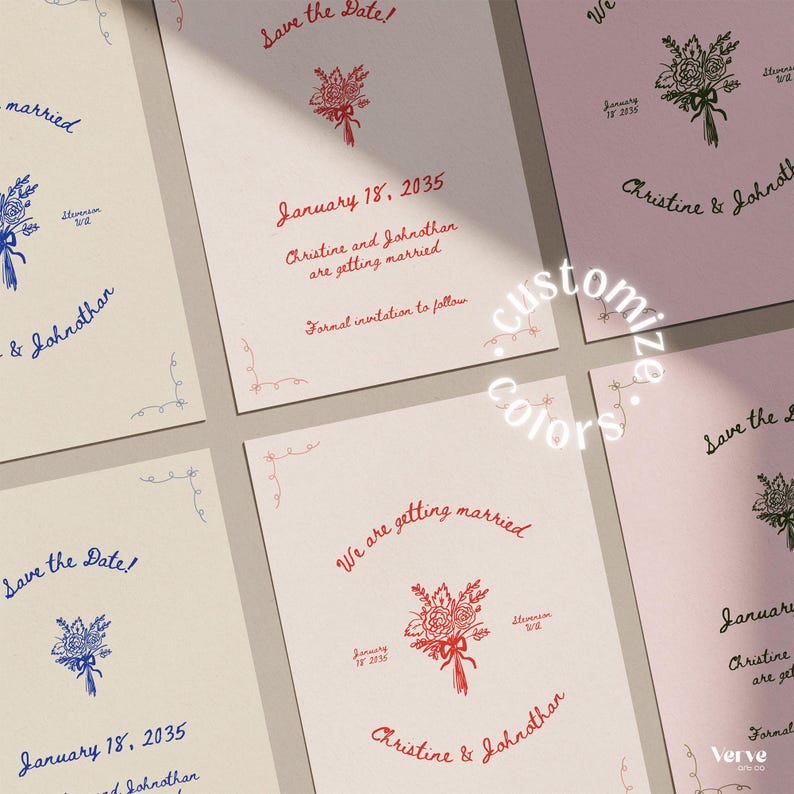 Editable Canva wedding save the date template featuring vintage floral bouquet design and elegant script font, printable digital save the date for weddings.