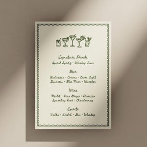 Illustrated Wedding Bar Menu Sign, Whimsical Drink Menu, Editable Canva Template