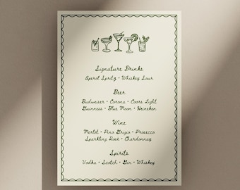 Illustrated Wedding Bar Menu Sign, Whimsical Drink Menu (Editable Canva Template) (WT16)