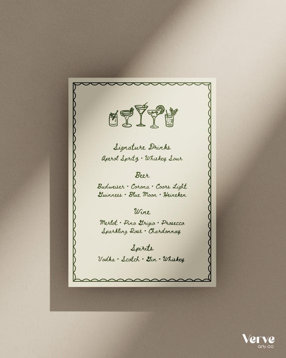 Illustrated Wedding Bar Menu Sign, Whimsical Drink Menu (Editable Canva Template) (WT16)