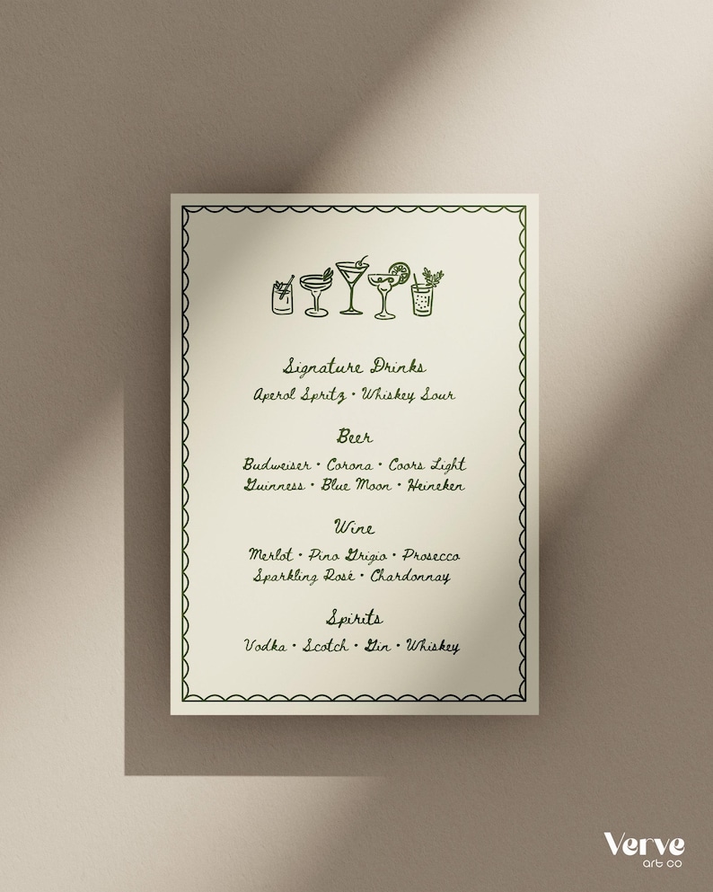 Illustrated Wedding Bar Menu Sign, Whimsical Drink Menu, Editable Canva Template