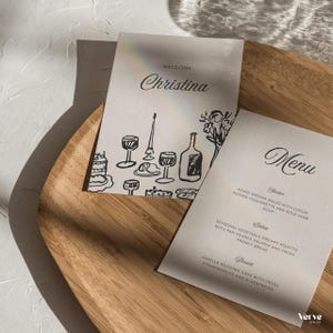 Handgetekende bruiloftsmenusjabloon, Franse stijl bruiloftsmenuplaatskaart, afdrukbare menukaart, rustieke huwelijksreceptie, WT37