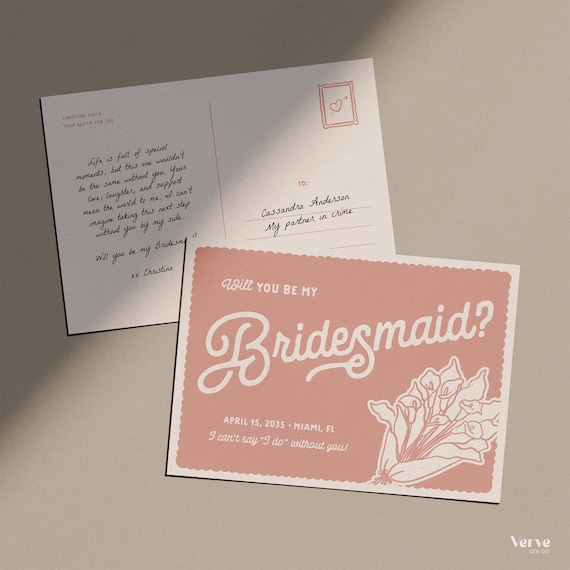 Bridesmaid Proposal Card Template: Vintage Postcard Design (Editable Canva Template) (BA04)