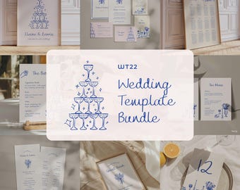 May include: A collection of wedding stationery templates in a soft, neutral palette. The designs feature blue line art of champagne glasses, floral bouquets, and decorative elements. Includes invitations, menus, seating charts, and a guest book.
