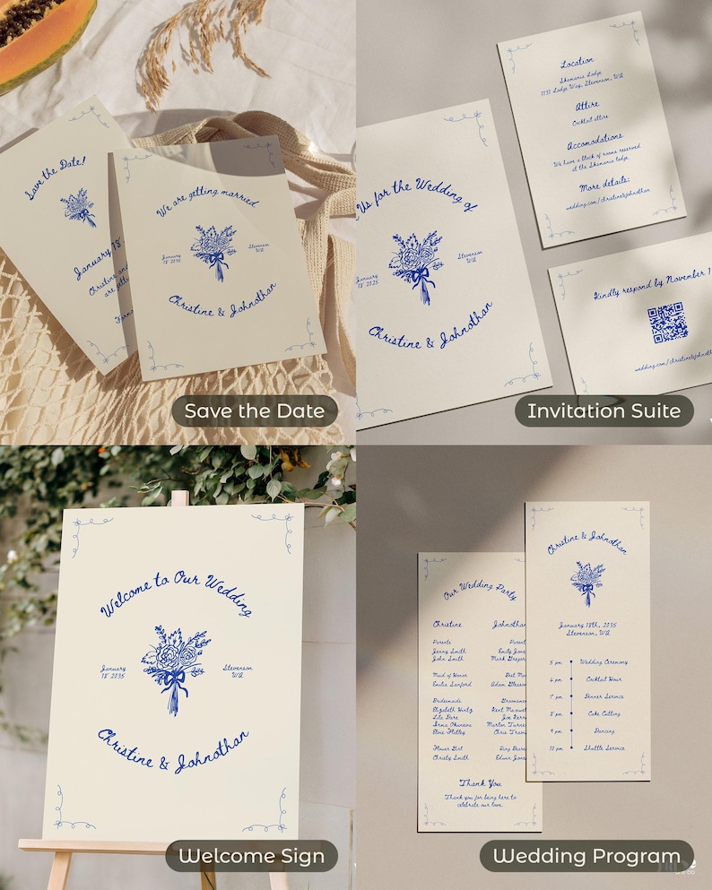 Whimsical Wedding Signs Bundle, Hand Drawn Signage and Stationery Template Bundle, Canva Templates
