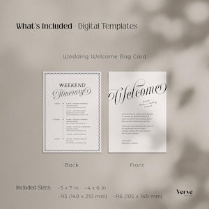 May include: Two white wedding welcome bag cards with black text. One card reads "Weekend Itinerary" and the other reads "Welcome". The cards are displayed on a neutral background. Included sizes are 5 x 7 in, 4 x 6 in, A5 (148 x 210 mm), and A6 (105 x 148 mm).