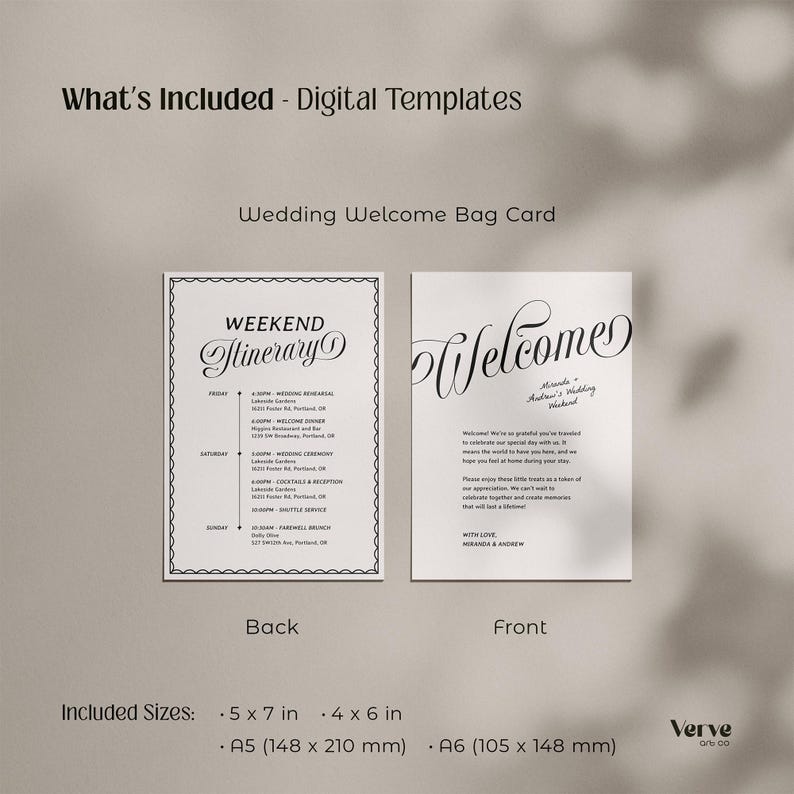 May include: Two white wedding welcome bag cards with black text. One card reads "Weekend Itinerary" and the other reads "Welcome". The cards are displayed on a neutral background. Included sizes are 5 x 7 in, 4 x 6 in, A5 (148 x 210 mm), and A6 (105 x 148 mm).