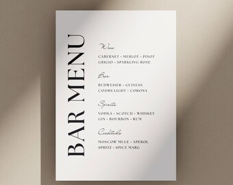 Minimalist Wedding Bar Menu Sign Template, Modern Drinks Menu, Canva