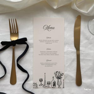 Plantilla de menú de boda dibujada a mano, tarjeta de agradecimiento de boda estilo francés, tarjeta de menú imprimible, boda caprichosa, Canva, 4x9, 4x8, WT37