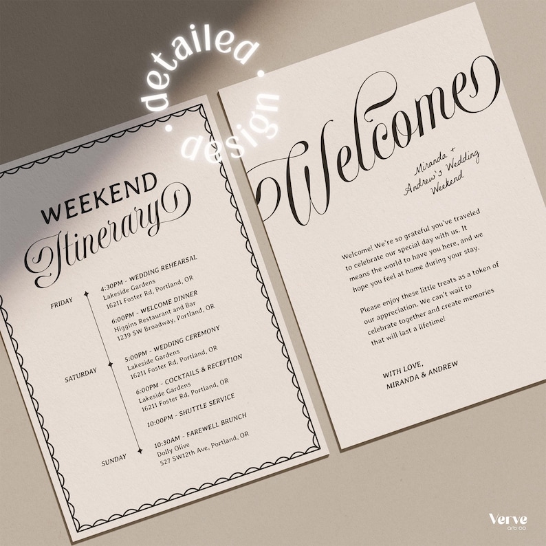 May include: Two cream-colored wedding itinerary cards with black text. One card reads "Weekend Itinerary" with event details. The other card says "Welcome" with a message from Miranda and Andrew. The cards have decorative borders.