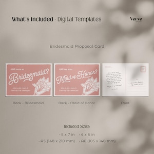 May include: Digital bridesmaid proposal card templates. The cards are pink with white text and floral illustrations. The sizes include 5 x 7 inches, 4 x 6 inches, A5 (148 x 210 mm), and A6 (105 x 148 mm).