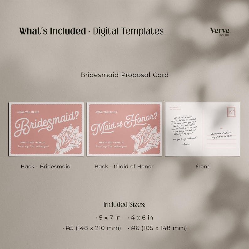 May include: Digital bridesmaid proposal card templates. The cards are pink with white text and floral illustrations. The sizes include 5 x 7 inches, 4 x 6 inches, A5 (148 x 210 mm), and A6 (105 x 148 mm).