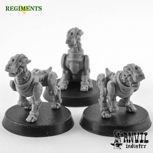 May include: Three grey plastic miniature robot dog figures on black bases. The figures are posed in a standing position with their heads turned to the side. The figures are part of a set of miniatures for a tabletop game.