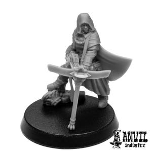 May include: A grey plastic miniature figure of a hooded person holding a crossbow. The figure is standing on a black circular base.