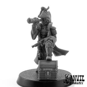 May include: A gray plastic miniature figure of a person wearing a hat and holding a telescope. The figure is standing on a gray plastic treasure chest.