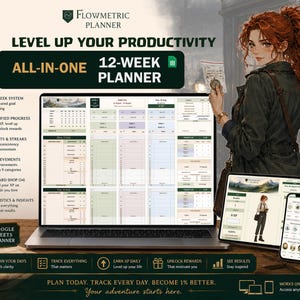 May include: A digital 12-week planner displayed on a laptop, tablet, and smartphone. The interface features a gamified system with XP tracking, habit streaks, and achievement categories. Text includes Flowmetric Planner, Level Up Your Productivity.