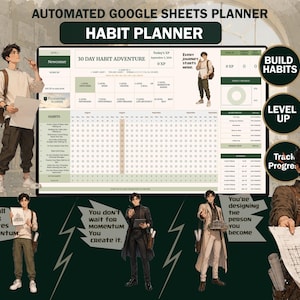 May include: An automated Google Sheets habit planner interface featuring a 30-day habit adventure tracker, progress charts, and level-up metrics. The layout includes text headers, a daily habit checklist, and anime-style character illustrations.