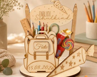 Regalo personalizado de madera para la vuelta al cole | Decoración escolar con nombre y fecha | Regalo de dinero para conos de comida y caramelos o mochilas escolares