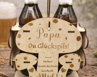 Regalo del Día del Padre para papá | Lucky Pilsner | Portabotellas para 2 botellas de cerveza | Regalo divertido para hombres | Portabotellas de madera