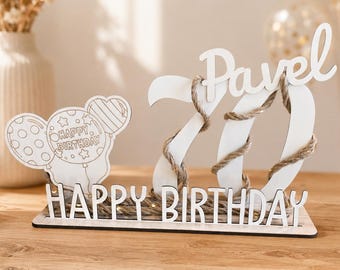 Soporte de madera XXL para cumpleaños con nombre, número y luces LED: decoración de cumpleaños personalizada, regalo de cumpleaños.