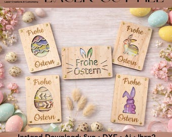 Paquete de tarjetas de regalo de Pascua para imprimir con láser, tarjetas de madera, tarjeta de dinero, sorpresa, regalo, pequeño regalo (archivo SVG)