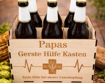 Regalo de cumpleaños para papá o abuelo | Caja de ayuda de cebada | Portabotellas para 6 botellas de cerveza | Regalo divertido para hombres | Portabotellas de madera