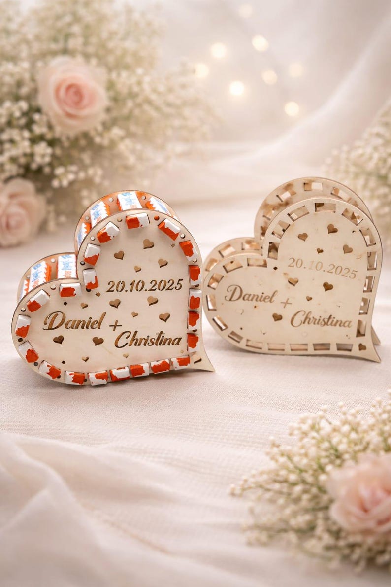 May include: Two heart-shaped wooden boxes with the names "Daniel + Christina" and the date "20.10.2025" engraved on them. One box has a decorative border with red and white accents. The boxes are on a white surface.