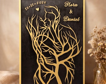 Regalo personalizado de arte para la pared de la boda | Cuadro de madera para parejas con nombres y fecha – Aniversario, San Valentín, Regalo romántico