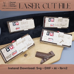 May include: Laser cut file design featuring four wooden boxes with engraved text and designs. Each box holds a chocolate bar with the word "du" and "der" on it. The boxes have phrases like "du bist" and "Wunder in mein leben".