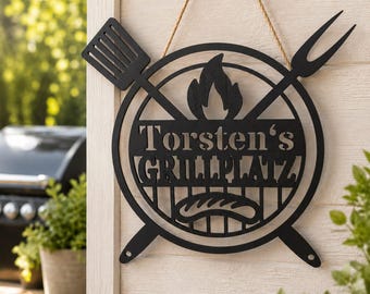 Personalisiertes Grill Schild - BBQ Grillplatz, Outdoorküche, Dekoration - Grillecke, Grill & Chill, verschiedene Farben