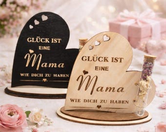 Regalo para el Día de la Madre hecho de madera con flores secas | Regalo para mamá | Letrero de madera en forma de corazón con grabado | Soporte decorativo para mamá | Regalo lleno de amor