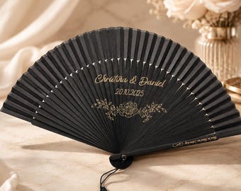 Hochwertiger Stofffächer zur Hochzeit personalisiert | Schwarzer Handfächer mit Gravur | Namen & Datum | Edles Brautaccessoire