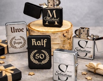 Personalisiertes Benzinfeuerzeug mit Gravur, Geschenk für Männer, Papa Geschenk, Opa Geschenk, Geburtstag, Vatertag, Monogramm, Lorbeerkranz