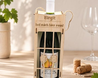 Caja de madera personalizada para vino, envoltorio de regalo para una botella de vino para un cumpleaños con nombre y grabado.