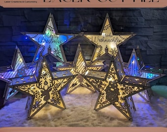 Digital laser file bundle, 7 different LED Christmas stars, 3D star Christmas decoration, Christmas, winter Advent light 3mm4mm SVG dxf