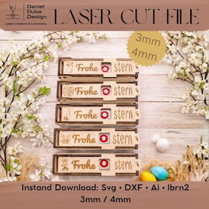 Puede incluir: Archivo de corte láser para cajas de madera con temática de Pascua. Cada caja presenta las palabras "Frohe Ostern" y una imagen de Pascua. El diseño incluye opciones para materiales de 3 mm y 4 mm. También incluye el texto "Laser Cut File".