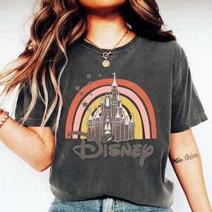 Retro Disney Castle Shirt Rainbow Graphic Tee, Vintage Disney T-Shirt for Women, Magic Kingdom Shirt, Cute Disneyland Vacation Shirt