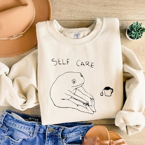 Funny Frog Self Care Shirt, Funny Frog Self Care Retro Sweatshirt, Funny Shirt, Birthday Gift For Her, Cottagecore Frog Shirt, Positive Vibe image 1